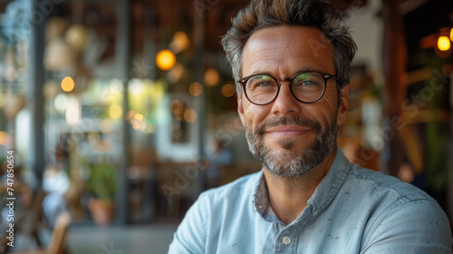 Approachable and smart mature man with glasses, smiling gently in a well-lit cafe with a blurred background