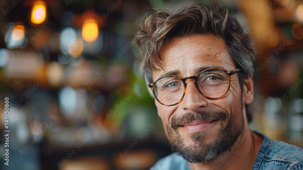 Close-up of a smiling man with glasses, stubble, and casual shirt in a blurred background Close-up of a smiling man with glasses, stubble, and casual shirt in a blurred background
