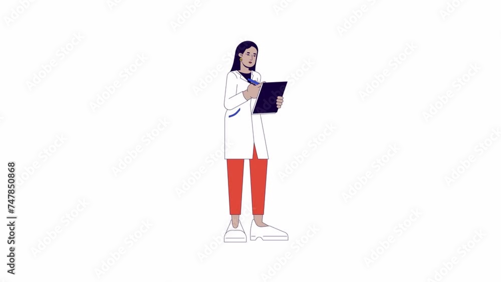 Female doctor with clipboard line 2D character animation. Medical service worker. Woman in white robe flat color cartoon 4K video, alpha channel. Lab assistant animated person on white background Female doctor with clipboard line 2D character animation. Medical service worker. Woman in white robe flat color cartoon 4K video, alpha channel. Lab assistant animated person on white background