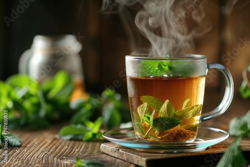 A cup of green tea with steam rising from it, creating a comforting and refreshing sight, Steaming mug of refreshing mint tea, AI Generated