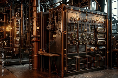 A massive metal machine dominates the spacious room, exuding a sense of power and complexity, Steampunk style visualization of a NAS storage, AI Generated photo