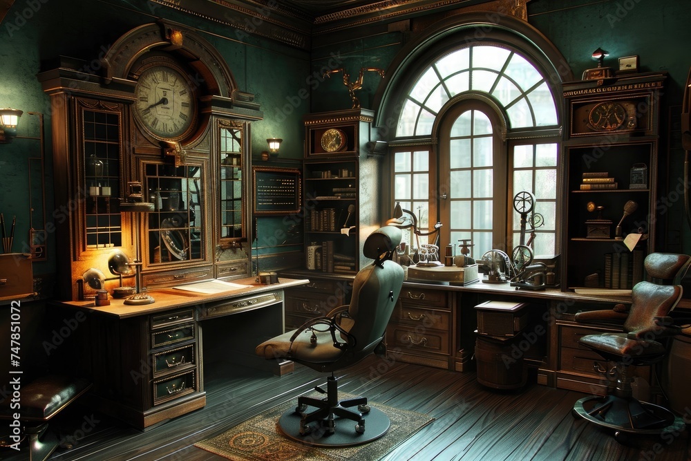 A room filled with an extensive collection of furniture, featuring a prominent, expansive window, Steampunk version of a classic doctor's office, AI Generated