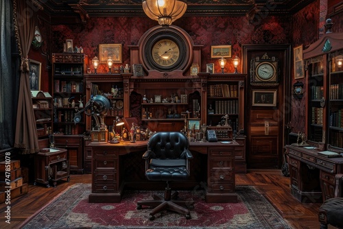 A room featuring a functional desk, a comfortable chair, and a wall clock, Steampunk version of a classic doctor's office, AI Generated