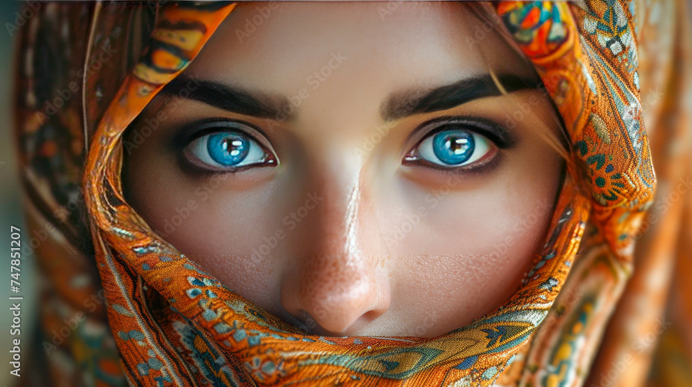 Close up portrait of beautiful young muslim woman wearing hijab