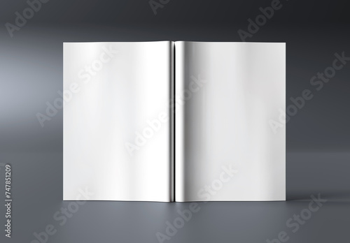 Open magazine mockup isolated on grey background. Brochure template on blank. 3D rendering