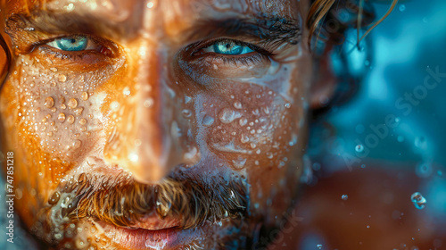 Close-up portrait of a man with a beard and mustache in the water
