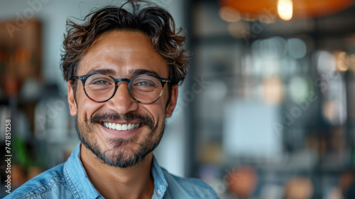 Engaging image of a man smiling warmly with glasses in a well-lit modern space © Daniel