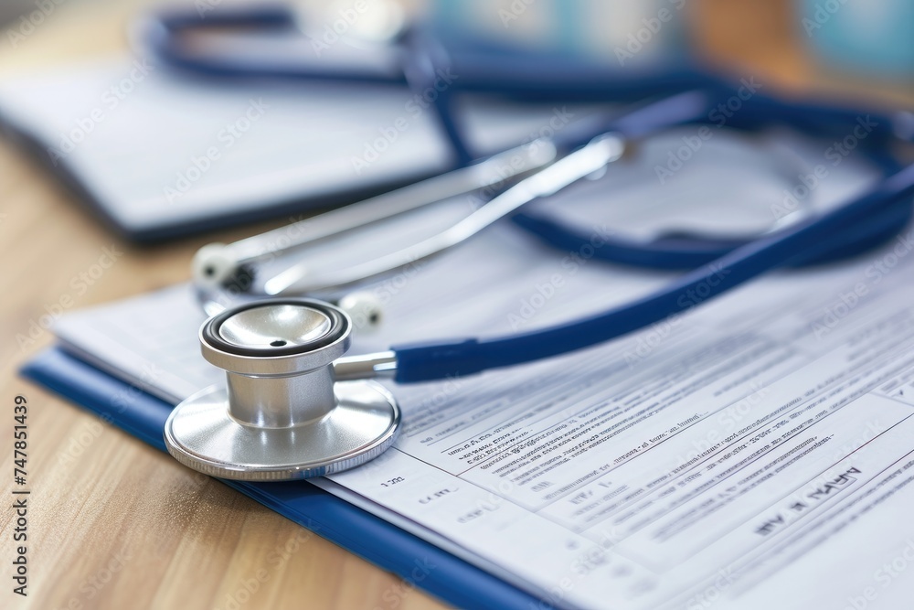A stethoscope rests on a piece of paper, symbolizing the intersection of healthcare and medical documentation, Stethoscope and medical report lying casually on a table, AI Generated A stethoscope rests on a piece of paper, symbolizing the intersection of healthcare and medical documentation, Stethoscope and medical report lying casually on a table, AI Generated