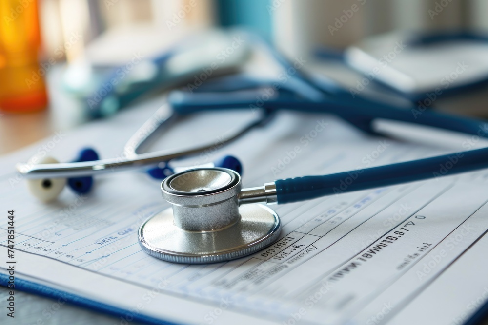 A stethoscope is placed on a medical paper, emphasizing the connection between healthcare and documentation, Stethoscope and medical report lying casually on a table, AI Generated A stethoscope is placed on a medical paper, emphasizing the connection between healthcare and documentation, Stethoscope and medical report lying casually on a table, AI Generated