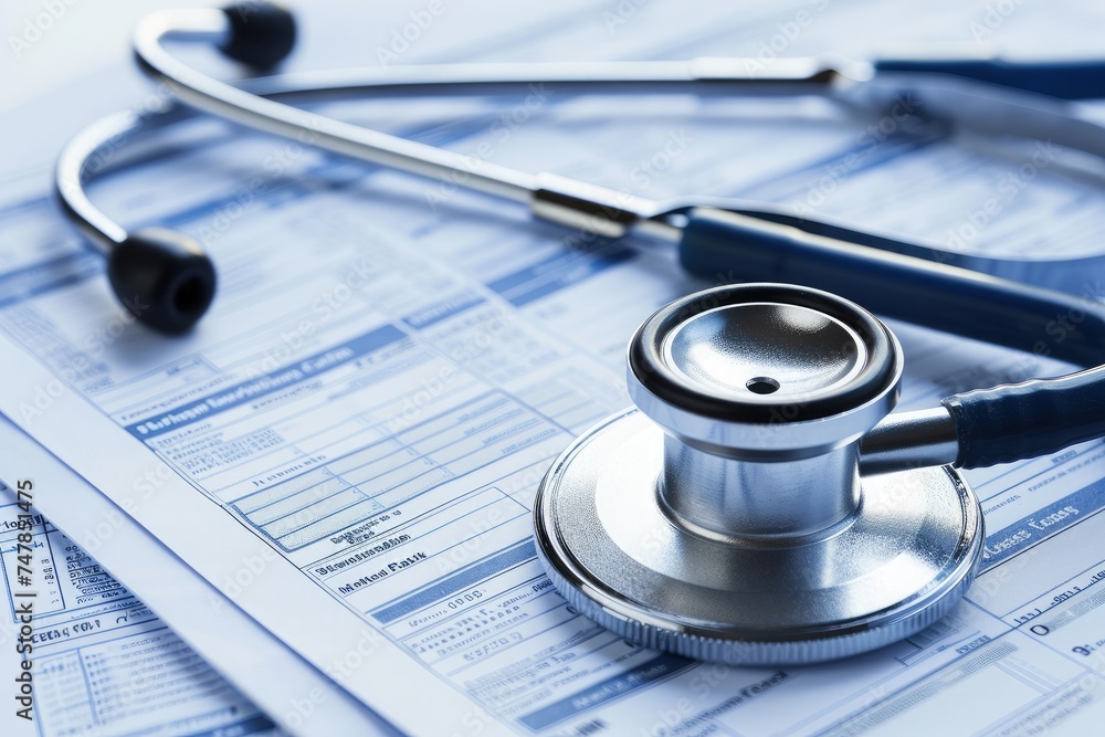 A stethoscope is placed on a stack of medical paperwork, highlighting the intersection of medical tools and administrative duties in a clinic setting, Stethoscope on the medical report, AI Generated A stethoscope is placed on a stack of medical paperwork, highlighting the intersection of medical tools and administrative duties in a clinic setting, Stethoscope on the medical report, AI Generated