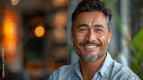 Portrait of a cheerful middle-aged man with salt-and-pepper hair and stubble in a casual shirt, with bokeh background