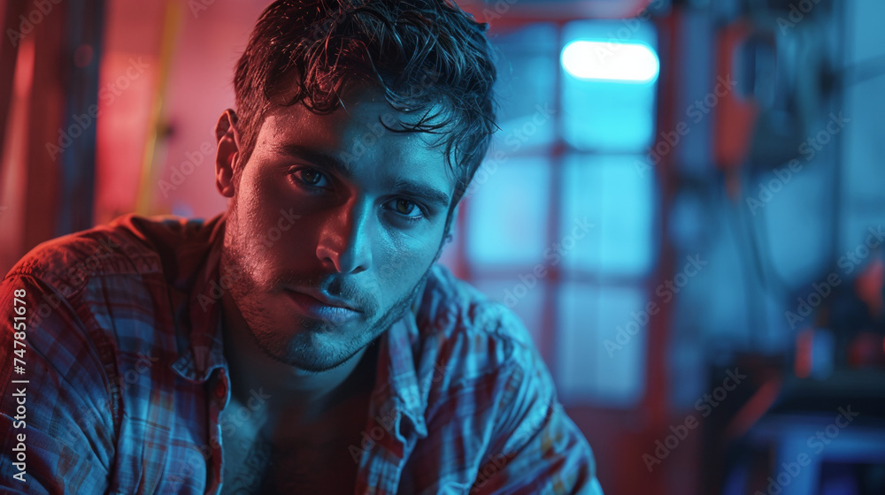 Dramatic portrait of a young man in a contemplative mood with colorful lighting