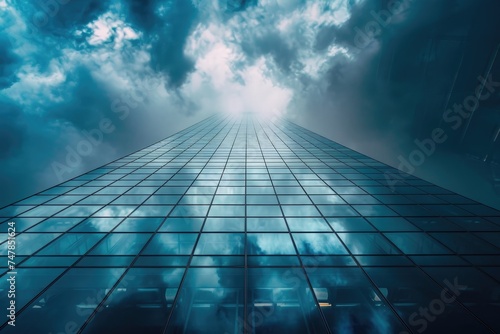 This photo showcases a towering building reaching into the sky with a multitude of windows, Storm clouds casting dramatic shadows on glass skyscrapers, AI Generated