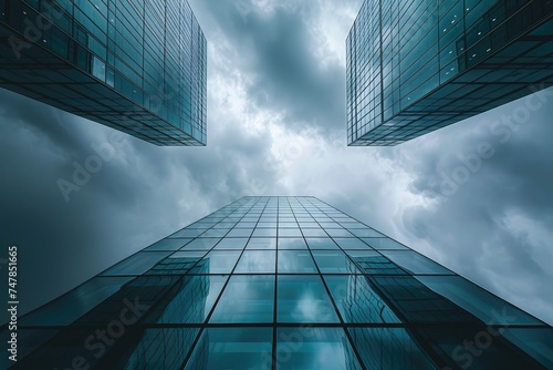 A Skyscraper With Numerous Windows Rising Above the City Skyline  Storm clouds casting dramatic shadows on glass skyscrapers  AI Generated