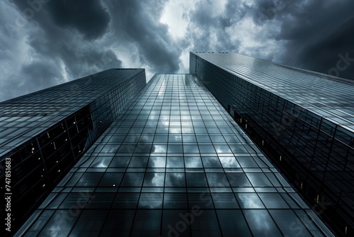 A photograph capturing the imposing presence of a very tall building against a backdrop of clouds, Storm clouds casting dramatic shadows on glass skyscrapers, AI Generated