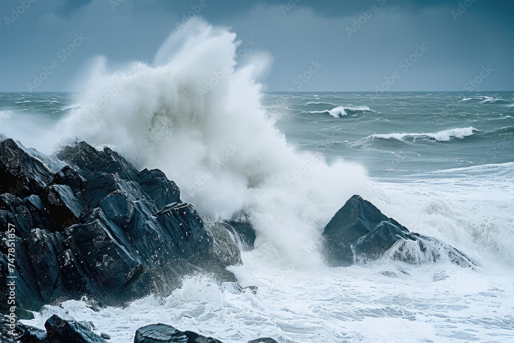 A massive wave crashes forcefully against a rugged formation of rocks in the ocean, Stormy sea with waves crashing over rocks, AI Generated - obrazy, fototapety, plakaty 