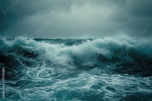 A large body of water with powerful waves crashing onto the shoreline, creating a dynamic and energetic scene, Stormy ocean waves under a graying sky, AI Generated © Iftikhar alam