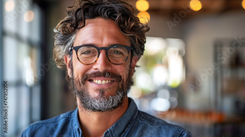 A close-up portrait of a cheerful man with glasses, curly hair, and a light stubble in a casual setting © Daniel