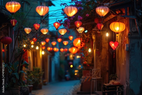 A vibrant group of lanterns hang from the side of a building  casting a warm glow against the dark night sky  Street decorated with heart-shaped lights and lanterns  AI Generated