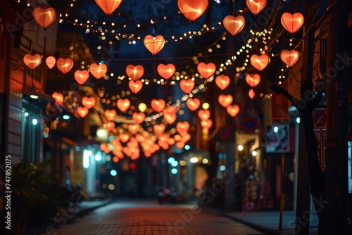 A crowded street comes alive with numerous red lanterns, creating a vibrant atmosphere during a festive celebration, Street decorated with heart-shaped lights and lanterns, AI Generated