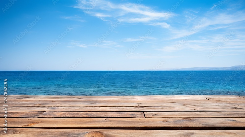 Serene Coastal Scene: Wooden Table Against Island Horizon & Azure Sky. Canon RF 50mm f/1.2L USM Capture
