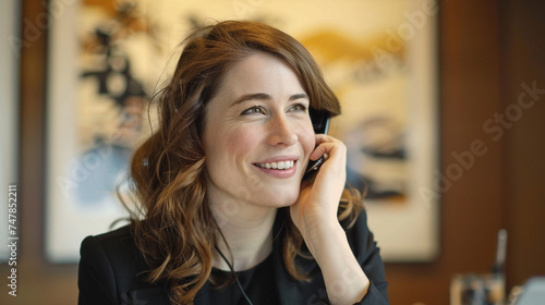 With office technology at her fingertips, a white businesswoman with brown hair smiles while managing her phone call, her professionalism apparent