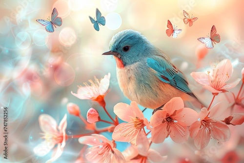 A bird sits among the cherry blossoms in a bright spring garden. © Iryna