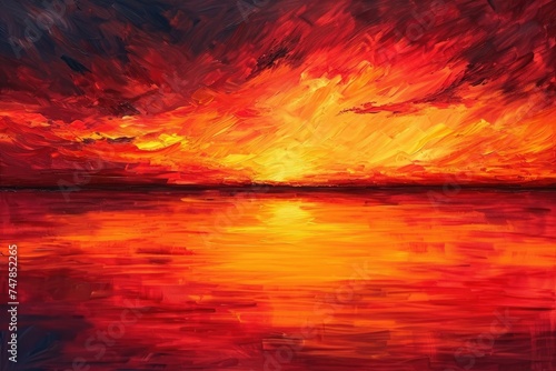 A detailed painting capturing the vibrant colors of a sunset reflecting on the still surface of a lake, Strokes of fiery orange and crimson depicting a fierce sunset, AI Generated © Iftikhar alam