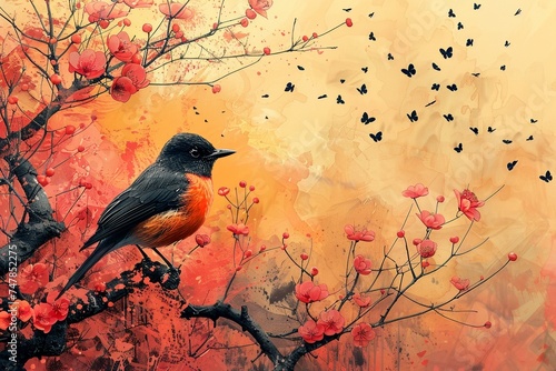 Bird among lush tree branches decorated with bright flowers in spring.