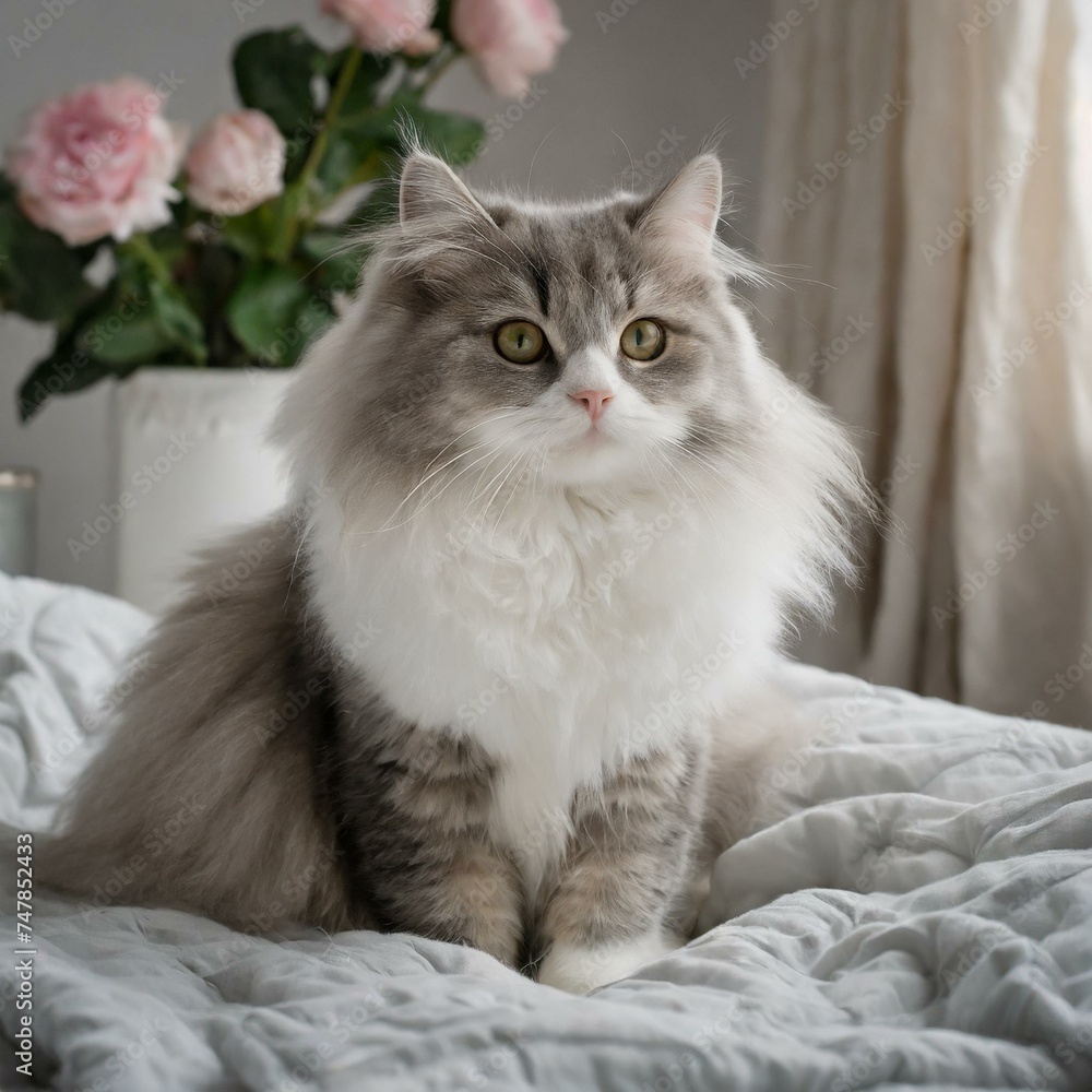 cat on a bed pet white fluffy cat 