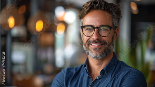 Portrait of a cheerful mature man with spectacles, casual attire, in a cozy indoor setting