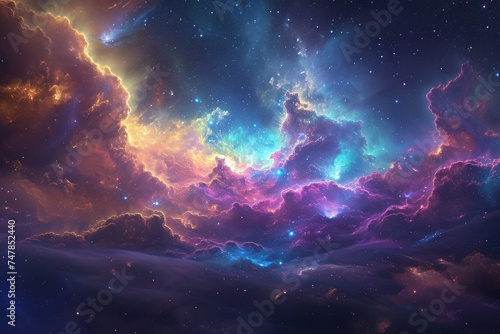 A stunning sky filled with swirling clouds of vibrant colors and twinkling stars, Stunning distant galaxy cloud featuring a palette of vibrant colors, AI Generated