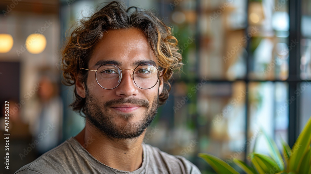 A peaceful portrait of a man with glasses set against a backdrop of plants in a cozy indoor environment - obrazy, fototapety, plakaty 