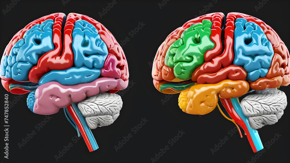 human brain model anatomy. illustration of the human brain. a human brain anatomy color on a black background. anatomy of brain - obrazy, fototapety, plakaty 