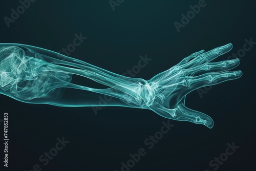 An x-ray image showing the skeletal structure of a hand with fingers extended, reaching towards an unidentified object, Stylized 3D X-ray interpretation of the human elbow, AI Generated