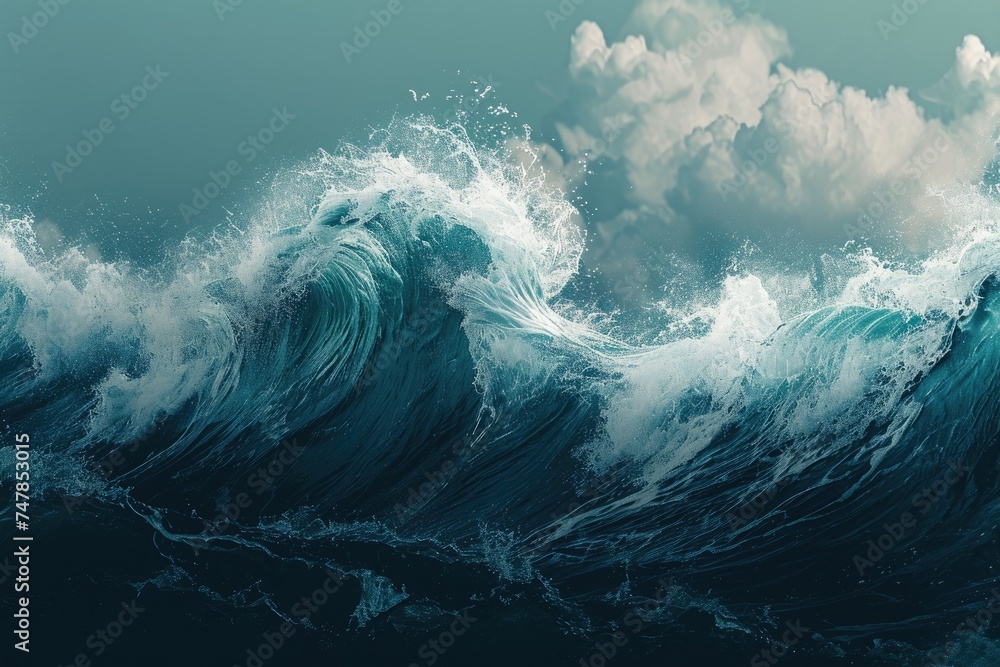 This photo captures the beauty and strength of a large ocean wave in a stunning painting, Stylized minimalist representation of waves, AI Generated - obrazy, fototapety, plakaty 