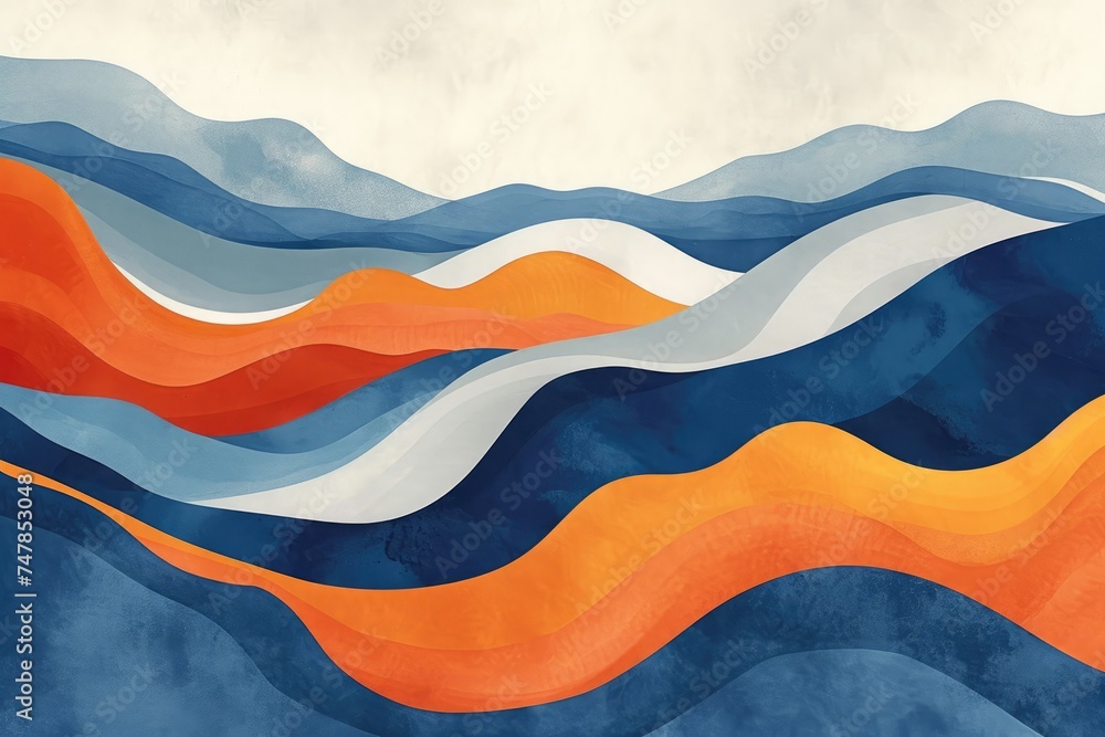 Fototapeta premium A lively painting capturing the dramatic motion of a blue, orange, and white wave crashing forcefully against the shore, Stylized minimalist representation of waves, AI Generated