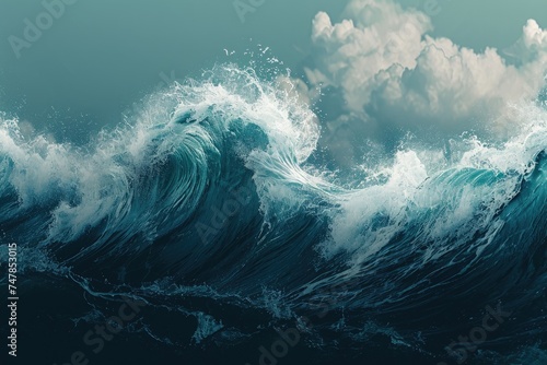 This photo captures the beauty and strength of a large ocean wave in a stunning painting, Stylized minimalist representation of waves, AI Generated