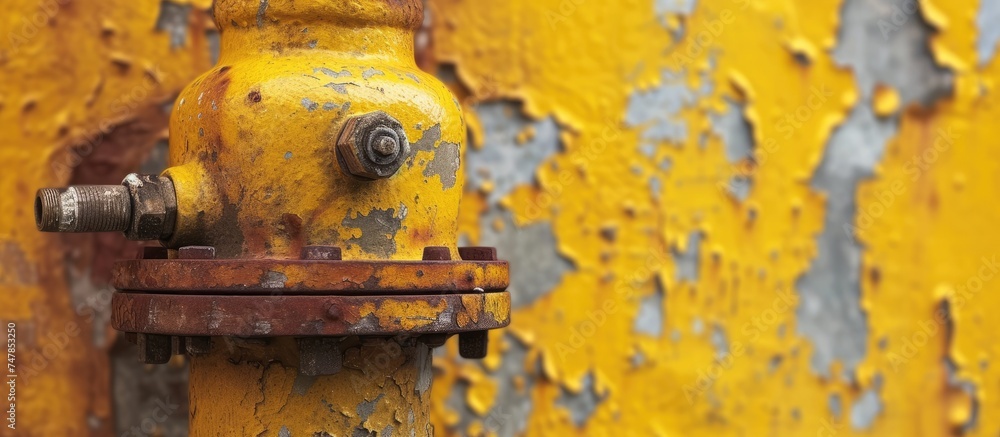 A closeup view of a rusted yellow fire hydrant sitting next to a matching yellow wall in the city. The hydrant stands out against the wall due to its vibrant color.