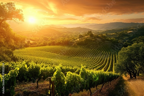 The sun casts a warm and golden glow as it sets over a picturesque vineyard, creating a stunning scene, Sun setting over a peaceful lush vineyard, AI Generated