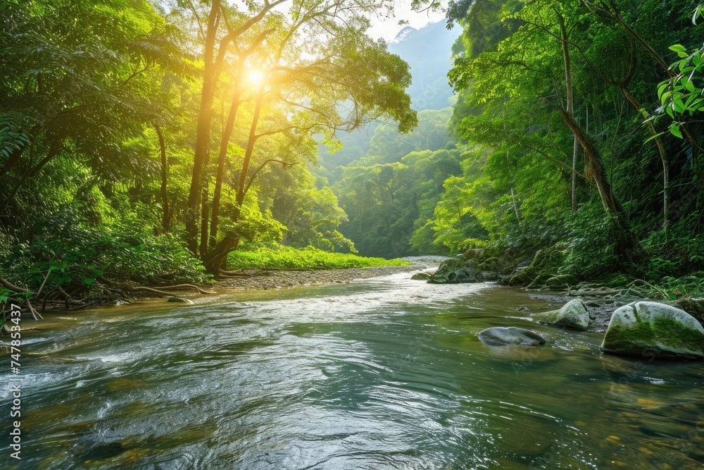 Obraz premium A river cuts through a dense green forest, showcasing the captivating beauty of nature, Sun-kissed river flowing through a rainforest filled with myriad shades of green, AI Generated