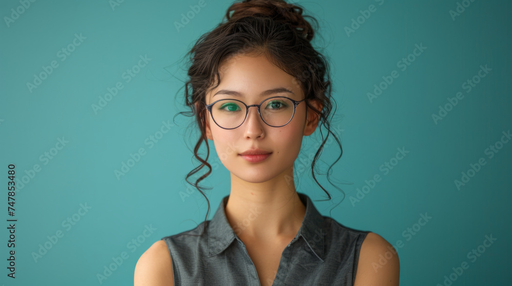 A young woman with glasses facing the camera against a teal background. Her hair is styled in an updo with tendrils framing her face, and she wears a sleeveless gray top. - obrazy, fototapety, plakaty 