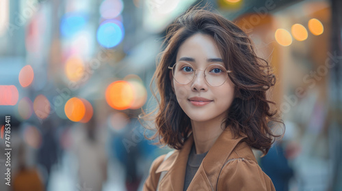 A woman with wavy hair and round glasses smiles gently while standing on a busy street  with the city s blurred lights providing a bokeh effect in the background.