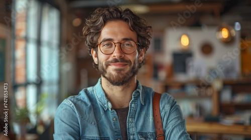 A stylish man with glasses and a backpack, smiling in a relaxed cafe setting photo