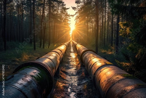 A pipeline runs through the dense foliage of a forest, disrupting the natural landscape, Sunlight peeping through massive industrial pipelines in a forest, AI Generated