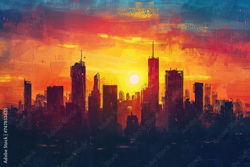A vibrant painting showcasing a stunning sunset casting a warm palette of colors over the urban skyline of a city, Sunset drawing out silhouettes of city skyscrapers, AI Generated