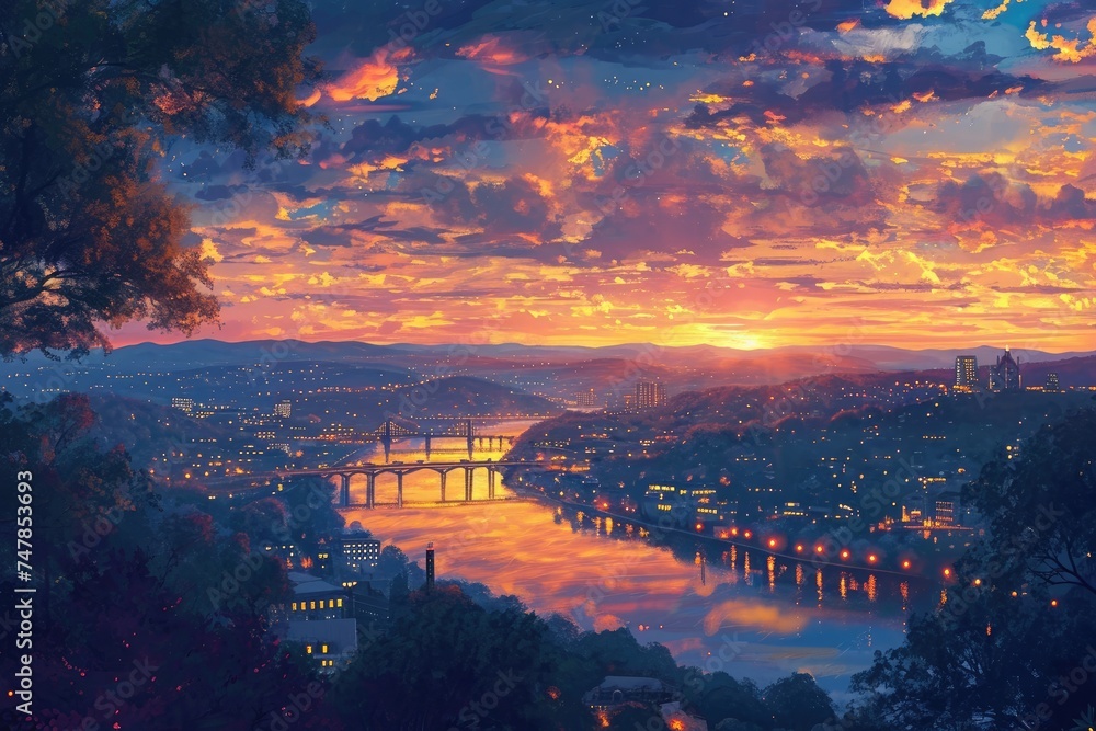 Vibrant Painting of a Colorful Sunset Over a City Skyline, Sunset over a city with a resplendent waterfront view, AI Generated