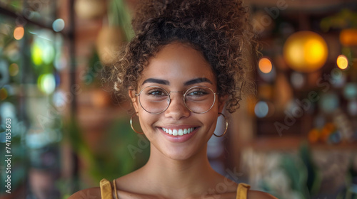 A radiant young woman with curly hair and round glasses  her smile exuding warmth and positivity