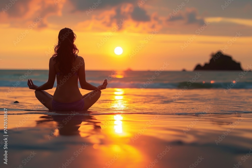 A woman gracefully sits in a yoga position, known as lotus, on a sandy beach as the sun sets in the background, Sunset yoga session on a tranquil beach, AI Generated