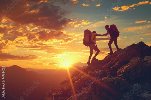A couple stands on top of a mountain, taking in the scenic beauty around them, Supportive friend aiding a struggling hiker on their way to the mountaintop, AI Generated